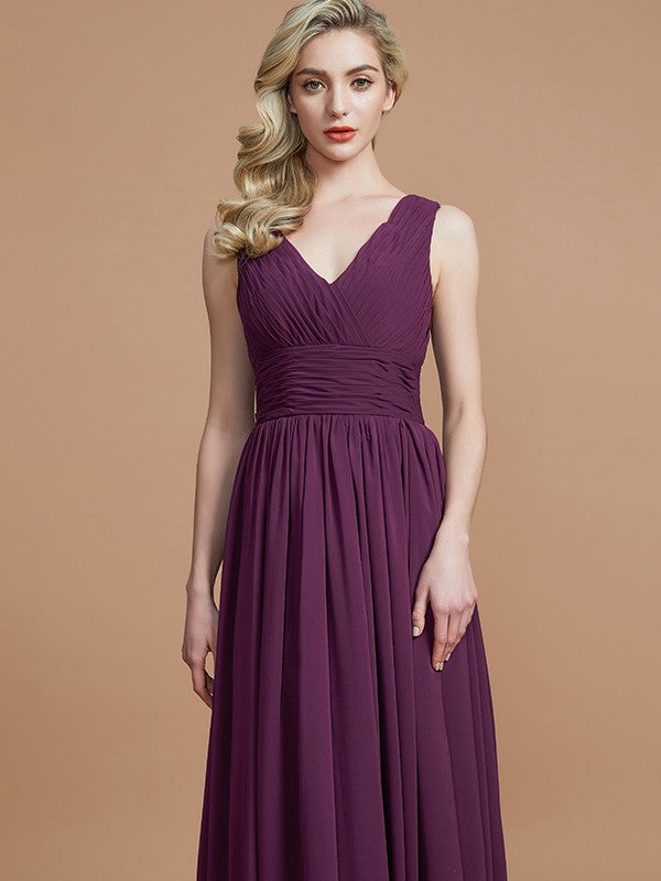 Wholesa A-Line/Princess Sleeveless V-neck Floor-Length Chiffon Bridesmaid Dresses