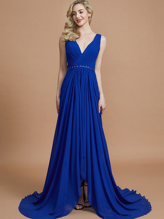 Wholesa A-Line/Princess Sleeveless V-neck Chiffon Sweep/Brush Train Bridesmaid Dresses