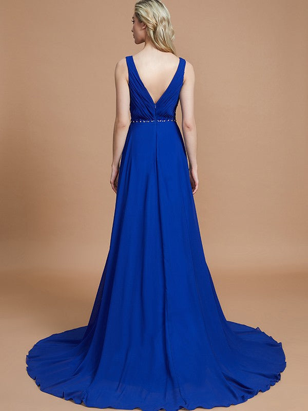 Wholesa A-Line/Princess Sleeveless V-neck Chiffon Sweep/Brush Train Bridesmaid Dresses