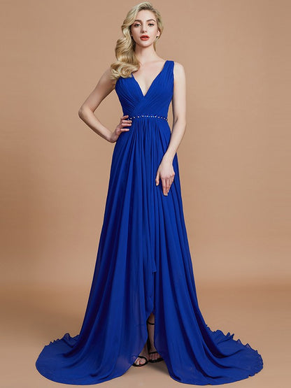 Wholesa A-Line/Princess Sleeveless V-neck Chiffon Sweep/Brush Train Bridesmaid Dresses