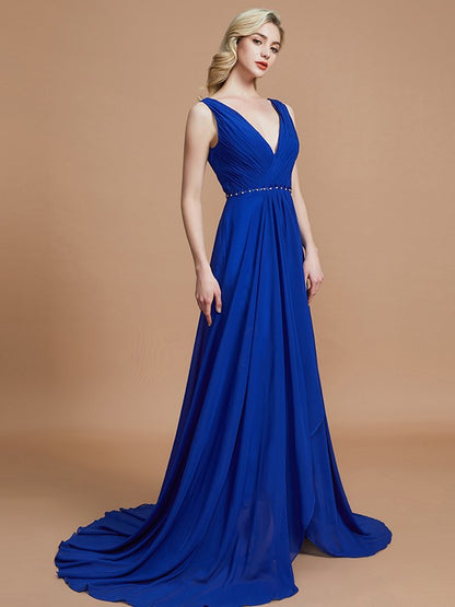 Wholesa A-Line/Princess Sleeveless V-neck Chiffon Sweep/Brush Train Bridesmaid Dresses