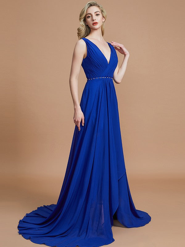 Wholesa A-Line/Princess Sleeveless V-neck Chiffon Sweep/Brush Train Bridesmaid Dresses