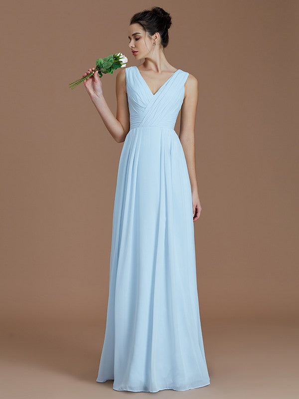 Wholesa  A-Line/Princess V-neck Sleeveless Ruched Floor-Length Chiffon Bridesmaid Dresses