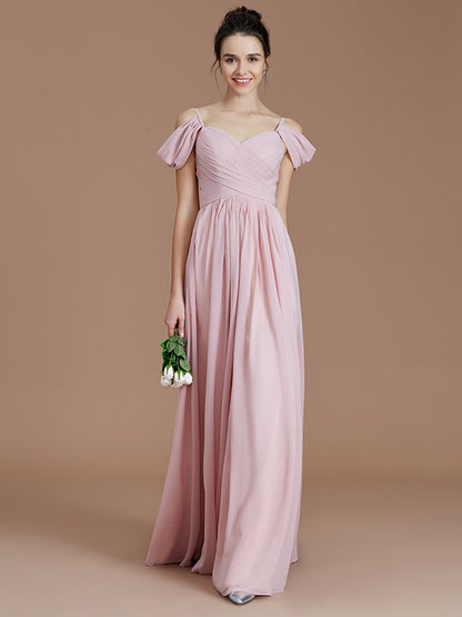 Wholesa A-Line/Princess Off-the-Shoulder Sleeveless Ruched Floor-Length Chiffon Bridesmaid Dresses