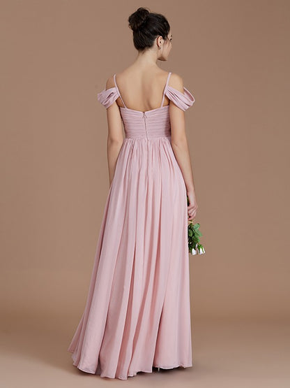 Wholesa A-Line/Princess Off-the-Shoulder Sleeveless Ruched Floor-Length Chiffon Bridesmaid Dresses