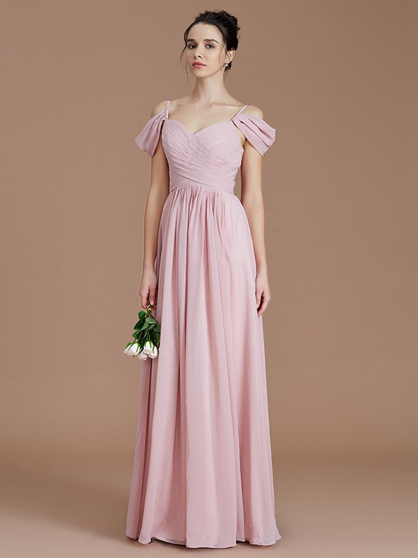 Wholesa A-Line/Princess Off-the-Shoulder Sleeveless Ruched Floor-Length Chiffon Bridesmaid Dresses