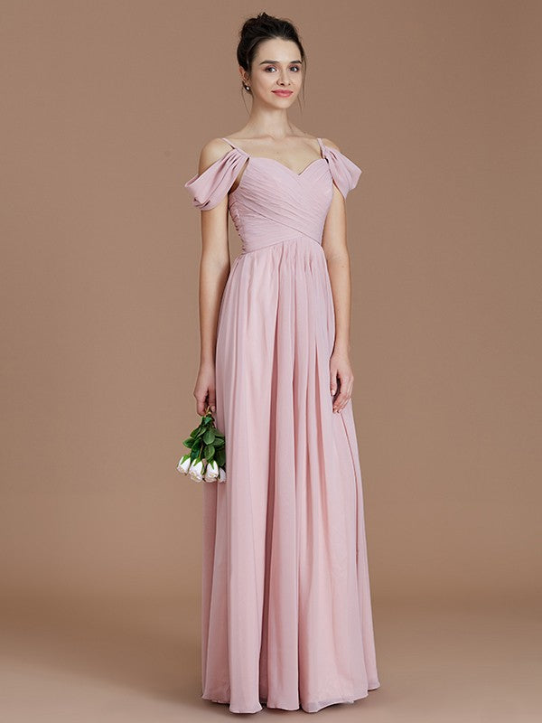 Wholesa A-Line/Princess Off-the-Shoulder Sleeveless Ruched Floor-Length Chiffon Bridesmaid Dresses