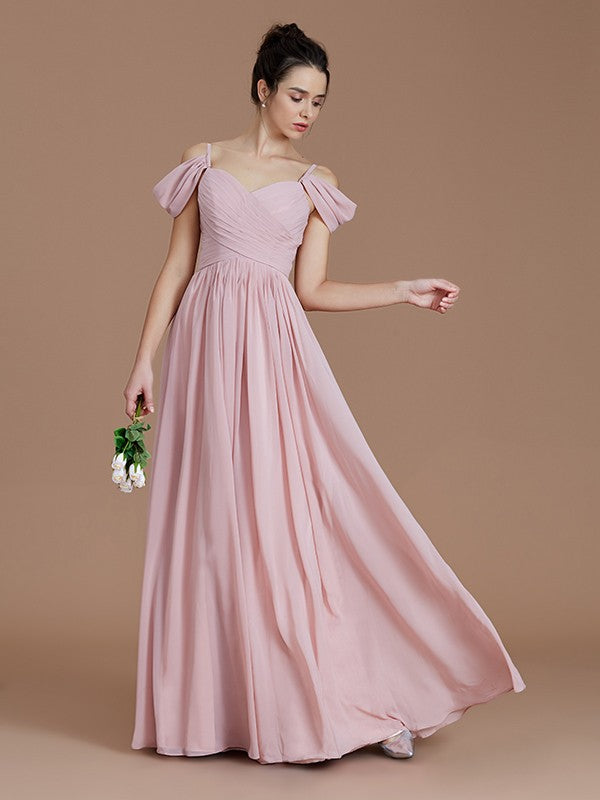 Wholesa A-Line/Princess Off-the-Shoulder Sleeveless Ruched Floor-Length Chiffon Bridesmaid Dresses