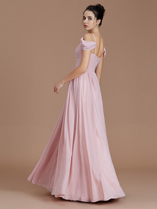 Wholesa A-Line/Princess Off-the-Shoulder Sleeveless Ruched Floor-Length Chiffon Bridesmaid Dresses