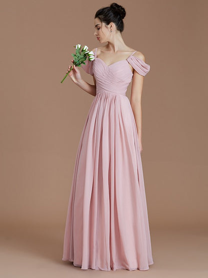 Wholesa A-Line/Princess Off-the-Shoulder Sleeveless Ruched Floor-Length Chiffon Bridesmaid Dresses