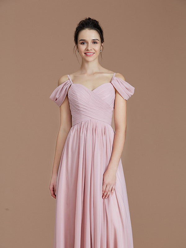 Wholesa A-Line/Princess Off-the-Shoulder Sleeveless Ruched Floor-Length Chiffon Bridesmaid Dresses