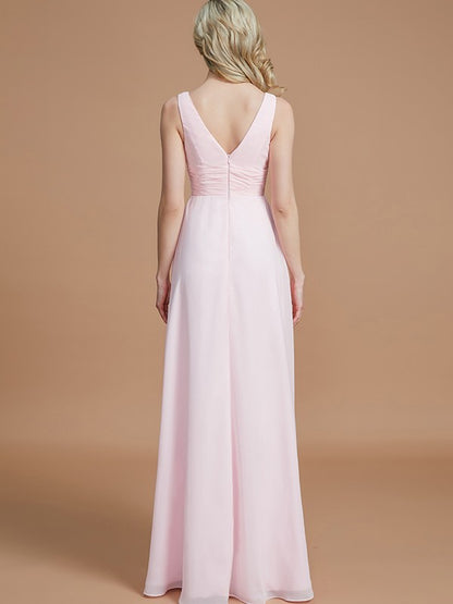 Wholesa A-Line/Princess Sleeveless Floor-Length Chiffon V-neck Bridesmaid Dresses