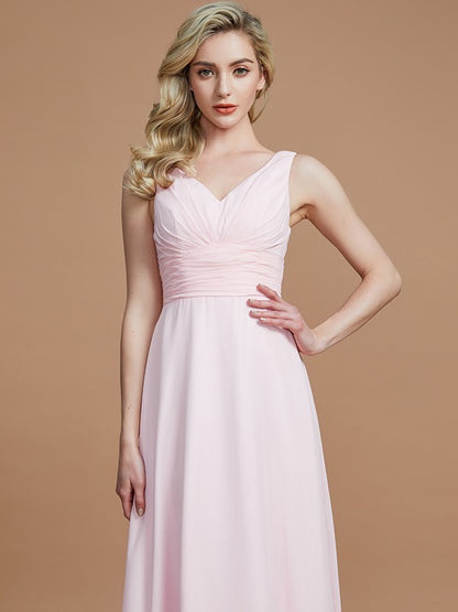 Wholesa A-Line/Princess Sleeveless Floor-Length Chiffon V-neck Bridesmaid Dresses