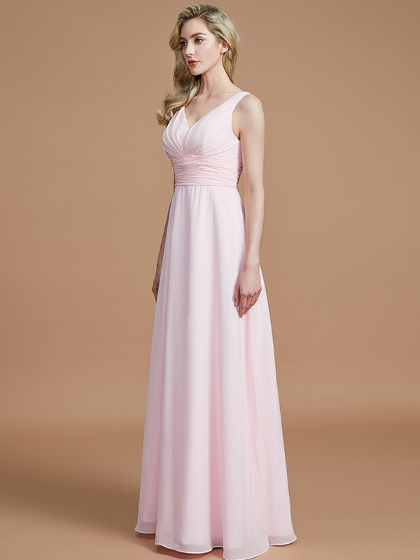 Wholesa A-Line/Princess Sleeveless Floor-Length Chiffon V-neck Bridesmaid Dresses