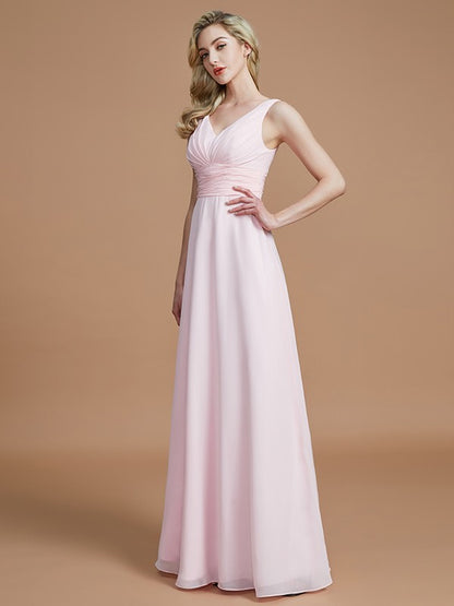 Wholesa A-Line/Princess Sleeveless Floor-Length Chiffon V-neck Bridesmaid Dresses