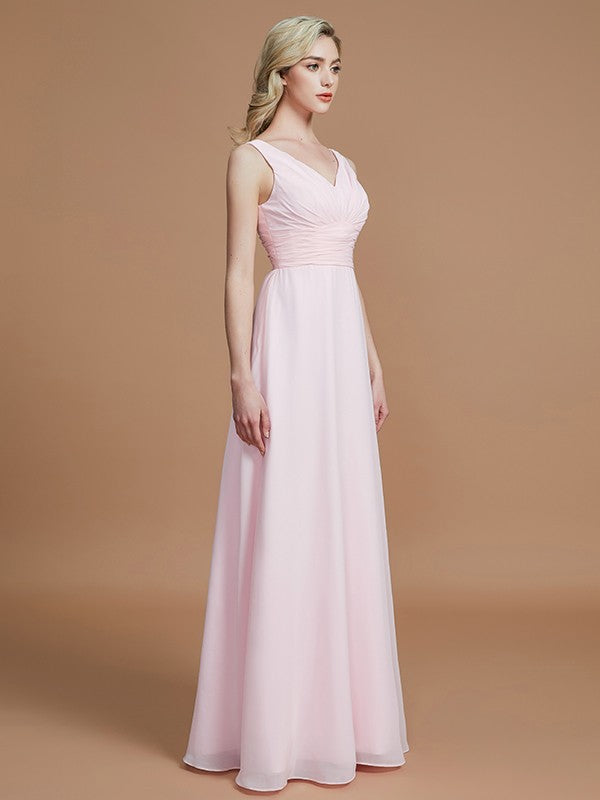 Wholesa A-Line/Princess Sleeveless Floor-Length Chiffon V-neck Bridesmaid Dresses