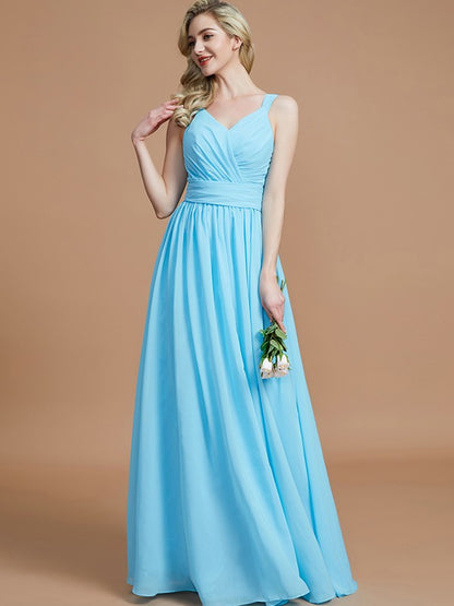 Wholesa A-Line/Princess V-neck Chiffon Floor-Length Sleeveless Bridesmaid Dresses