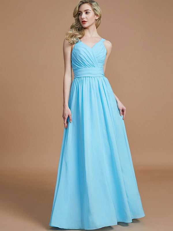 Wholesa A-Line/Princess V-neck Chiffon Floor-Length Sleeveless Bridesmaid Dresses