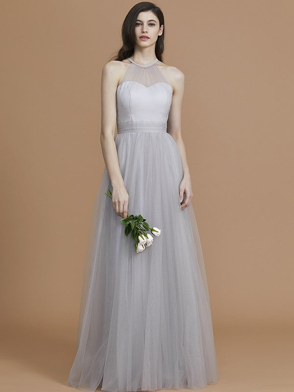 Wholesa A-Line/Princess Halter Sleeveless Floor-Length Ruffles Tulle Bridesmaid Dresses