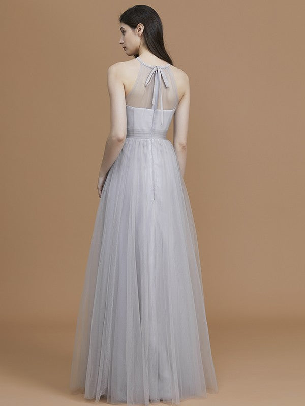 Wholesa A-Line/Princess Halter Sleeveless Floor-Length Ruffles Tulle Bridesmaid Dresses