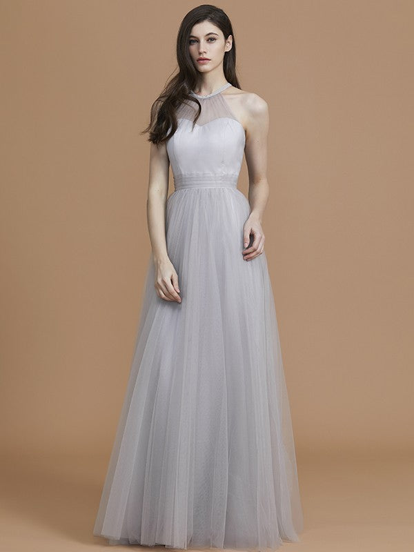 Wholesa A-Line/Princess Halter Sleeveless Floor-Length Ruffles Tulle Bridesmaid Dresses