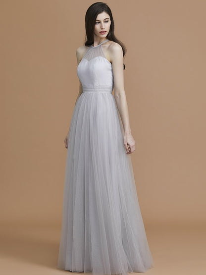 Wholesa A-Line/Princess Halter Sleeveless Floor-Length Ruffles Tulle Bridesmaid Dresses