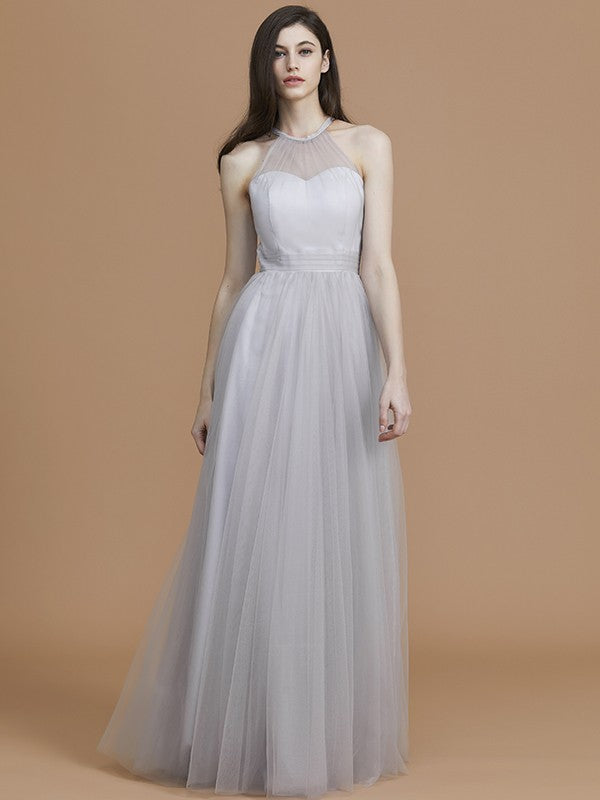 Wholesa A-Line/Princess Halter Sleeveless Floor-Length Ruffles Tulle Bridesmaid Dresses