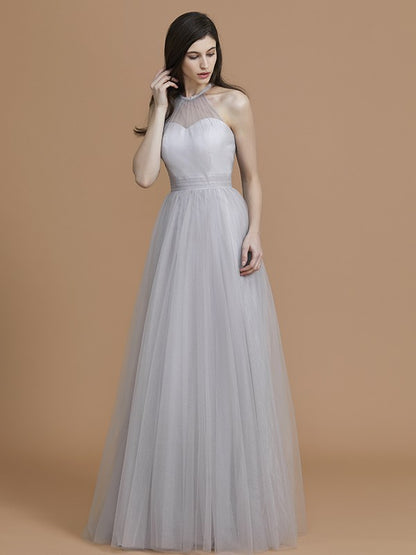 Wholesa A-Line/Princess Halter Sleeveless Floor-Length Ruffles Tulle Bridesmaid Dresses