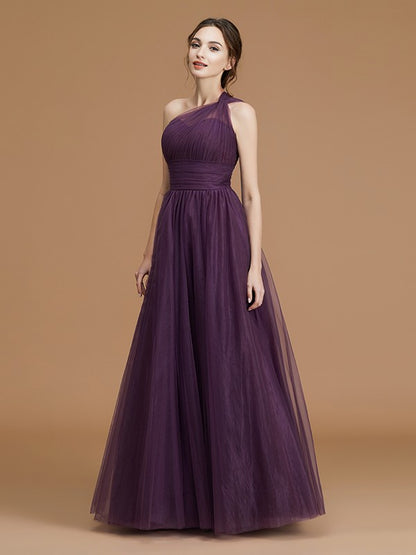 Wholesa A-Line/Princess One-Shoulder Sleeveless Floor-Length Ruched Tulle Bridesmaid Dresses