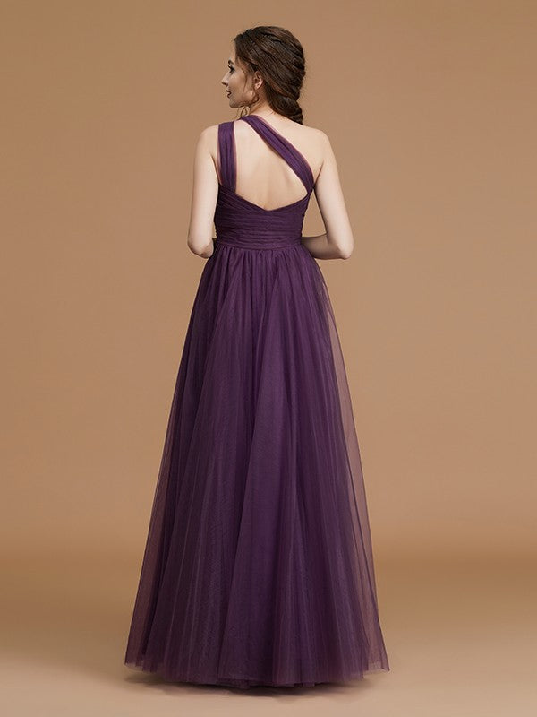 Wholesa A-Line/Princess One-Shoulder Sleeveless Floor-Length Ruched Tulle Bridesmaid Dresses