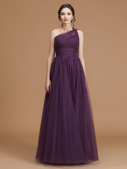 Wholesa A-Line/Princess One-Shoulder Sleeveless Floor-Length Ruched Tulle Bridesmaid Dresses