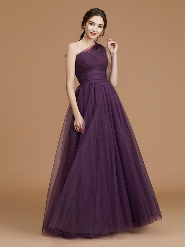 Wholesa A-Line/Princess One-Shoulder Sleeveless Floor-Length Ruched Tulle Bridesmaid Dresses