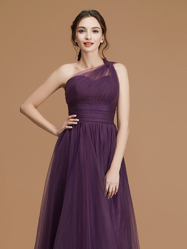 Wholesa A-Line/Princess One-Shoulder Sleeveless Floor-Length Ruched Tulle Bridesmaid Dresses