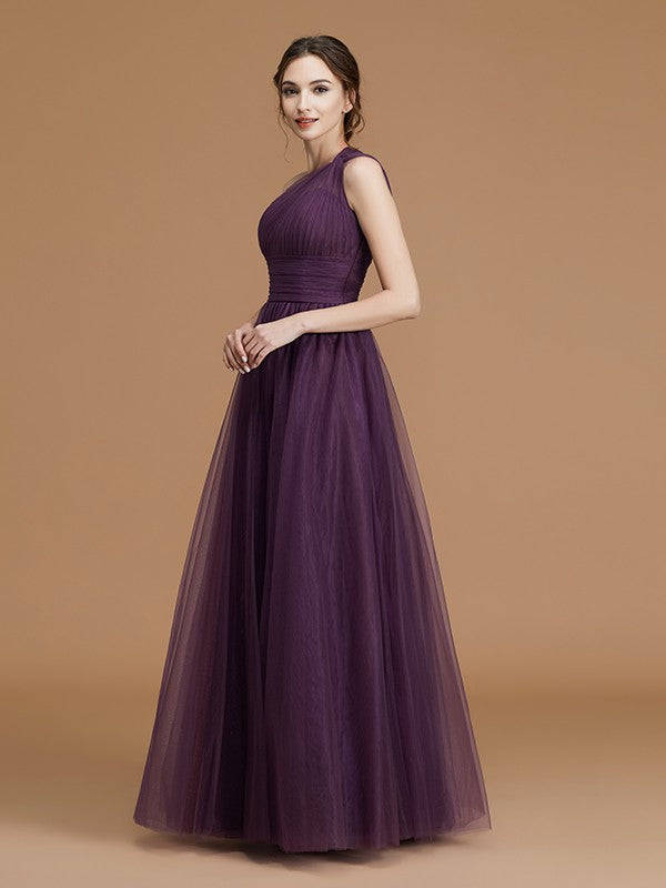 Wholesa A-Line/Princess One-Shoulder Sleeveless Floor-Length Ruched Tulle Bridesmaid Dresses