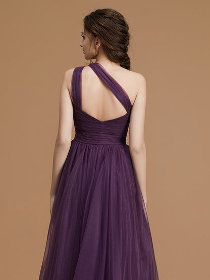 Wholesa A-Line/Princess One-Shoulder Sleeveless Floor-Length Ruched Tulle Bridesmaid Dresses