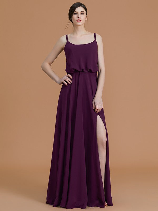 Wholesa A-Line/Princess Spaghetti Straps Sleeveless Floor-Length Ruffles Chiffon Bridesmaid Dresses