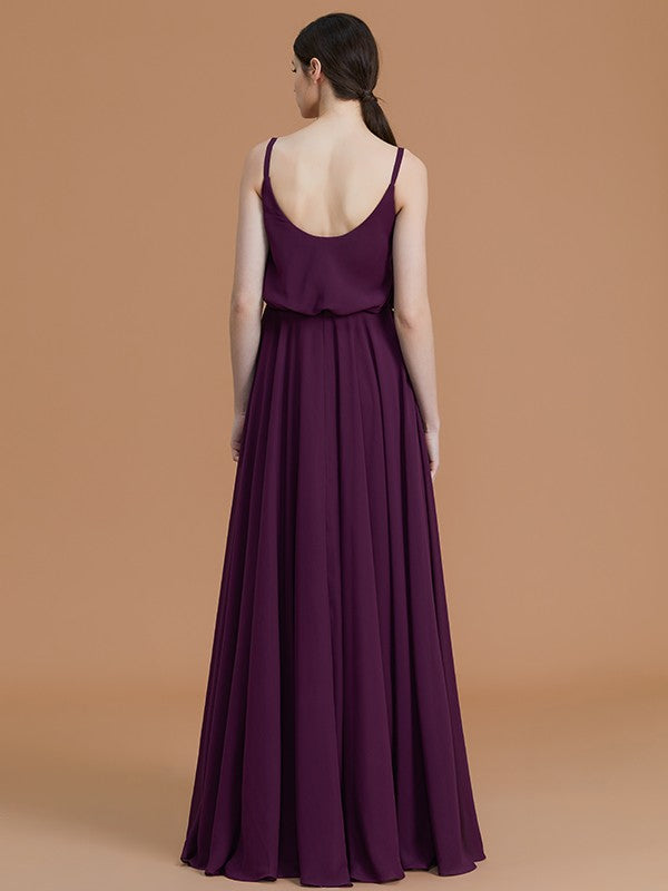 Wholesa A-Line/Princess Spaghetti Straps Sleeveless Floor-Length Ruffles Chiffon Bridesmaid Dresses