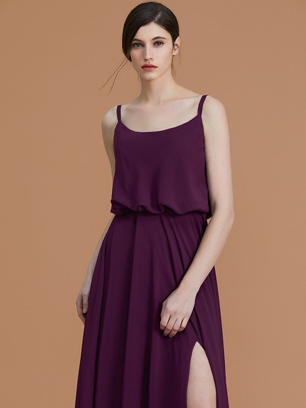 Wholesa A-Line/Princess Spaghetti Straps Sleeveless Floor-Length Ruffles Chiffon Bridesmaid Dresses