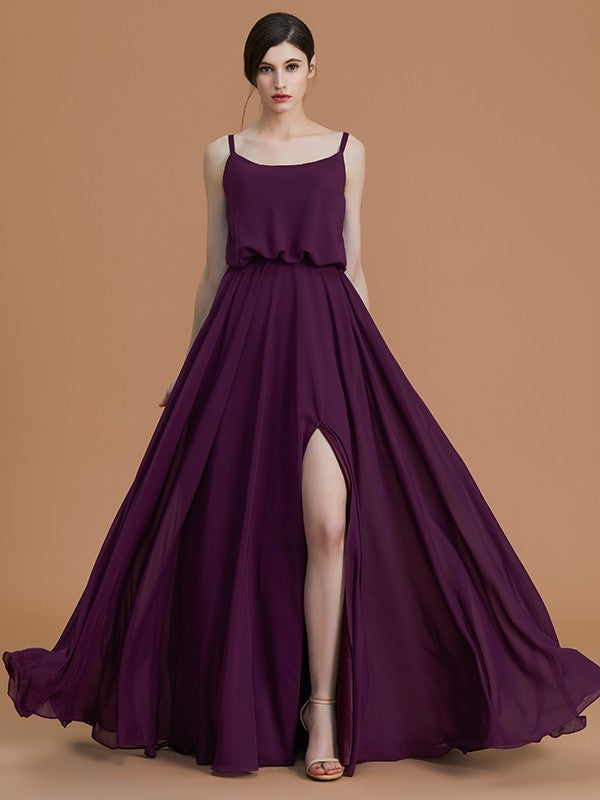 Wholesa A-Line/Princess Spaghetti Straps Sleeveless Floor-Length Ruffles Chiffon Bridesmaid Dresses