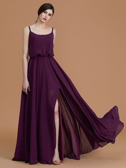 Wholesa A-Line/Princess Spaghetti Straps Sleeveless Floor-Length Ruffles Chiffon Bridesmaid Dresses