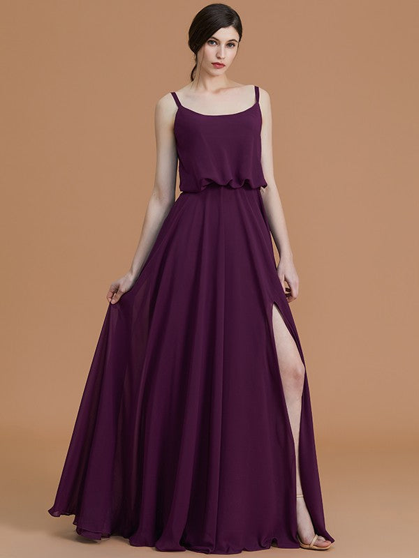 Wholesa A-Line/Princess Spaghetti Straps Sleeveless Floor-Length Ruffles Chiffon Bridesmaid Dresses