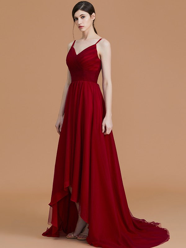 Wholesa A-Line/Princess Spaghetti Straps Sleeveless Asymmetrical Ruffles Chiffon Bridesmaid Dresses