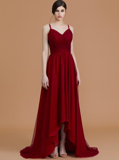 Wholesa A-Line/Princess Spaghetti Straps Sleeveless Asymmetrical Ruffles Chiffon Bridesmaid Dresses