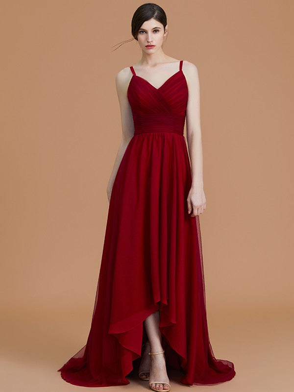 Wholesa A-Line/Princess Spaghetti Straps Sleeveless Asymmetrical Ruffles Chiffon Bridesmaid Dresses