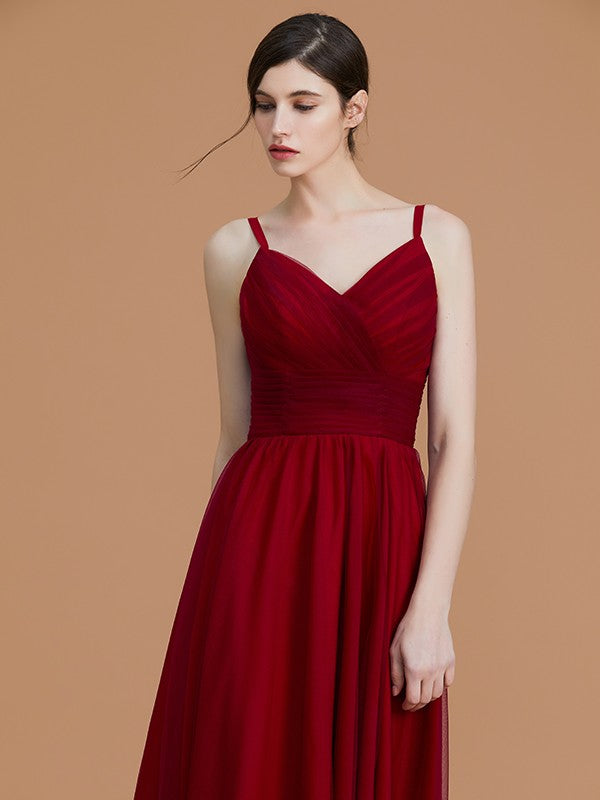 Wholesa A-Line/Princess Spaghetti Straps Sleeveless Asymmetrical Ruffles Chiffon Bridesmaid Dresses