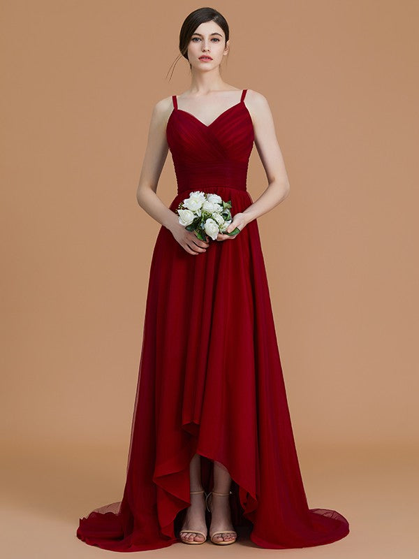 Wholesa A-Line/Princess Spaghetti Straps Sleeveless Asymmetrical Ruffles Chiffon Bridesmaid Dresses