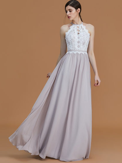 Wholesa A-Line/Princess Halter Sleeveless Floor-Length Lace Chiffon Bridesmaid Dresses