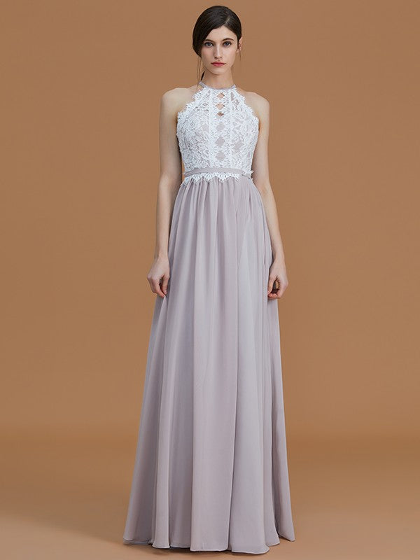 Wholesa A-Line/Princess Halter Sleeveless Floor-Length Lace Chiffon Bridesmaid Dresses