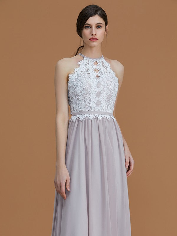 Wholesa A-Line/Princess Halter Sleeveless Floor-Length Lace Chiffon Bridesmaid Dresses