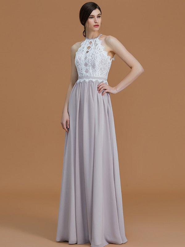 Wholesa A-Line/Princess Halter Sleeveless Floor-Length Lace Chiffon Bridesmaid Dresses